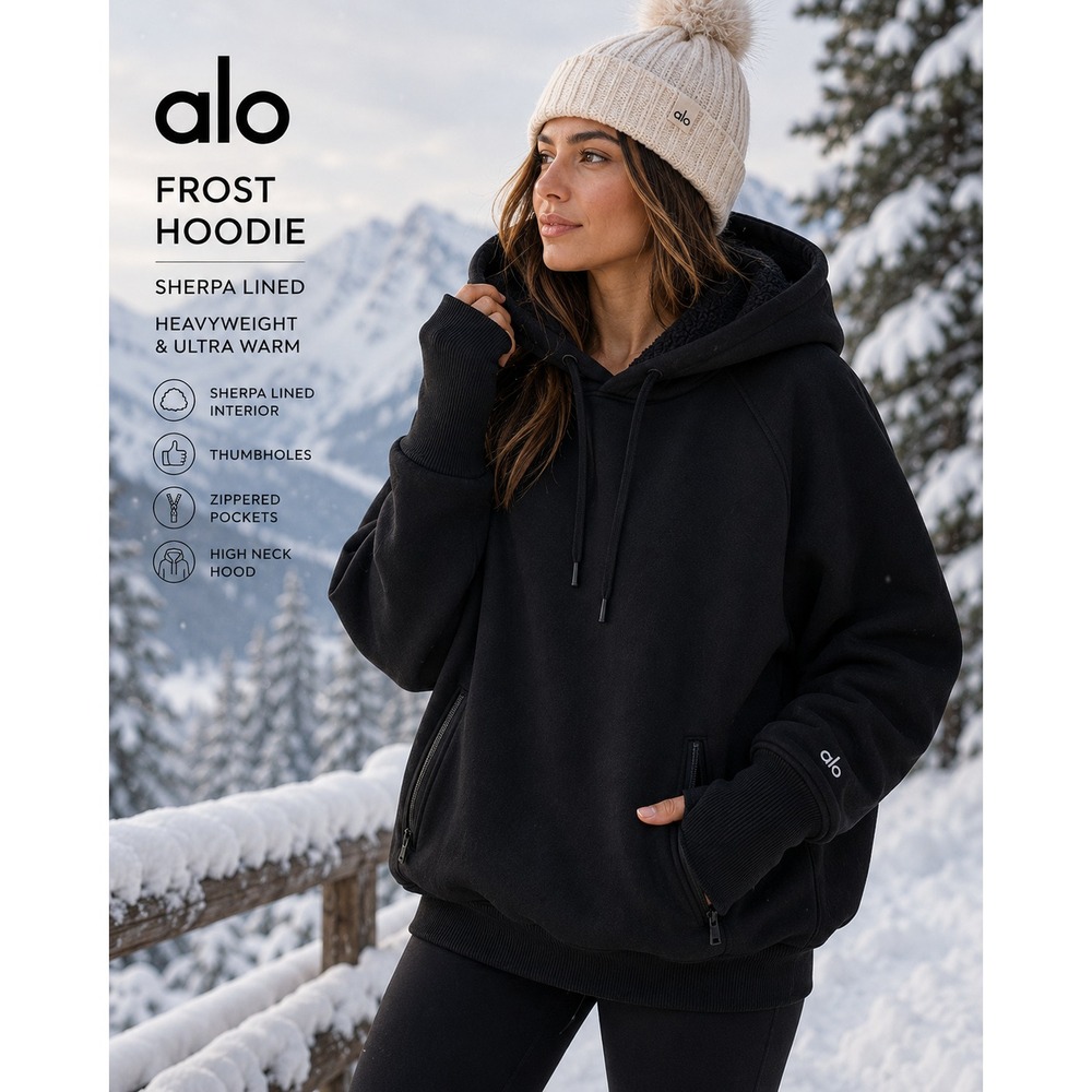 Alo Yoga Frost Hoodie Women S Black Sherpa Lined Sweatshirt Thumbhole Pullover